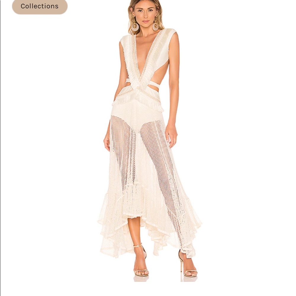 PatBo Fringe Mesh Cutout Maxi Dress in Wheat XS